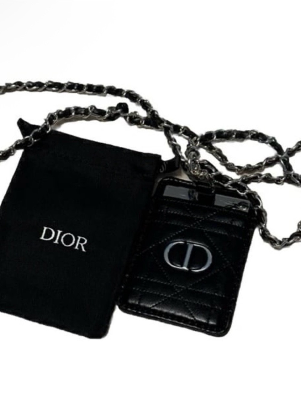 Dior Black Quilted Leather mirror Card Holder with Chain Strap GWP